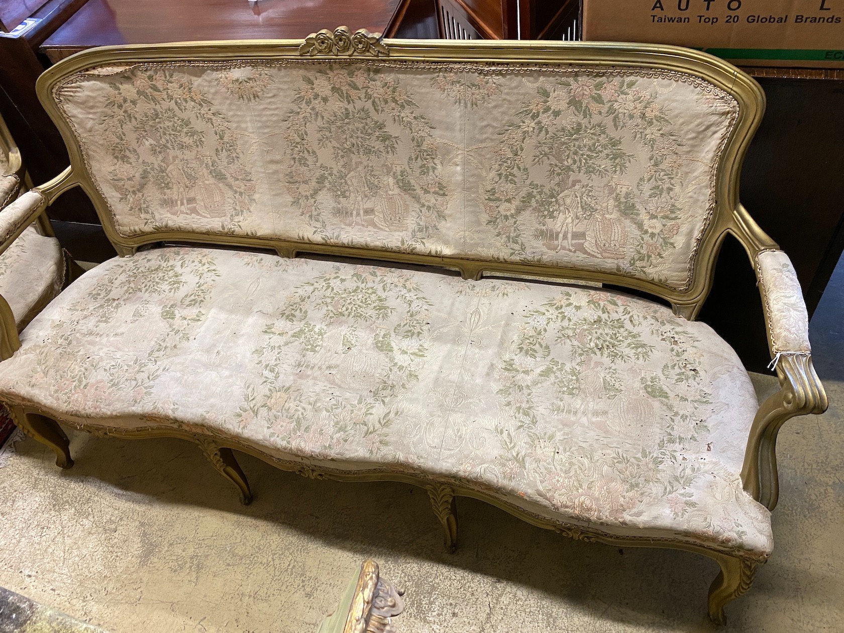 A Louis XVI style gilt framed three piece salon suite, settee length 176cm, depth 67cm, height 97cm